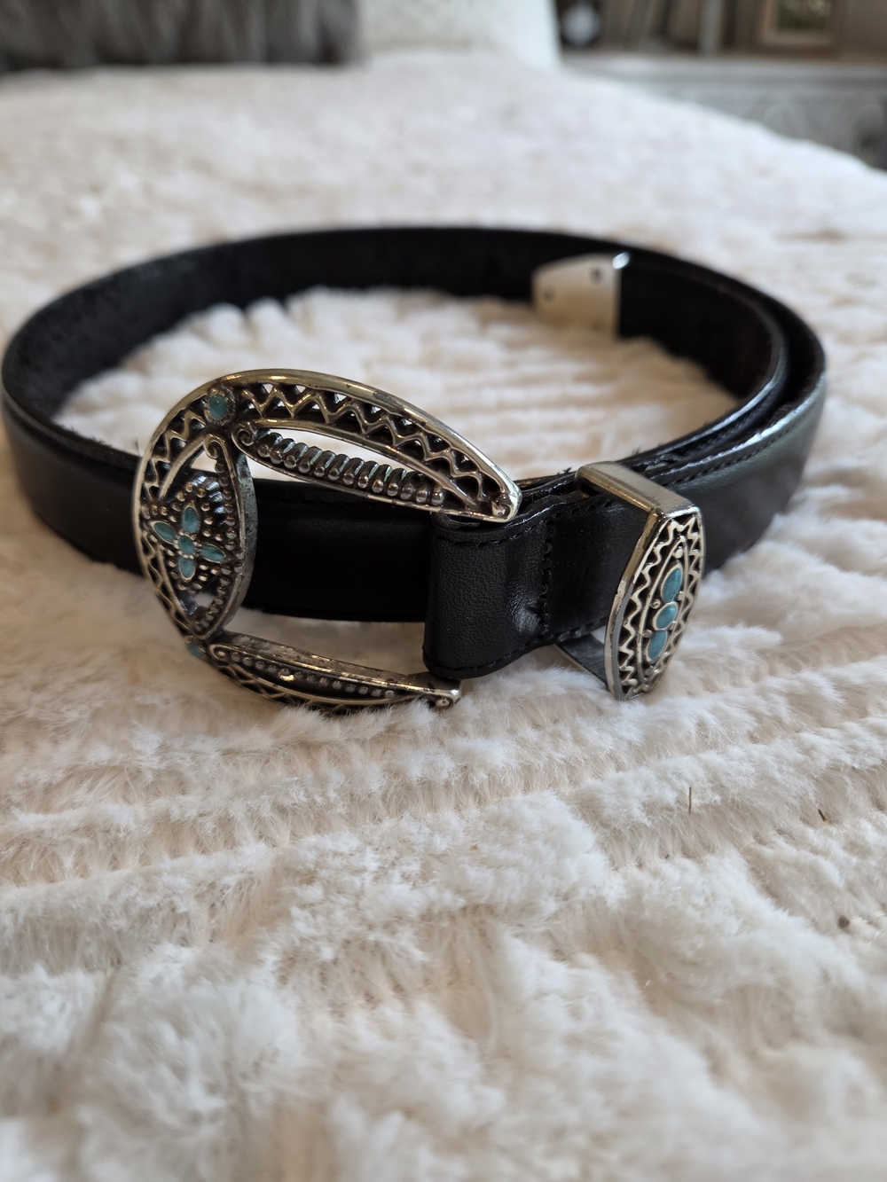 Brighton Black Leather Belt with Turquoise-Accent Silver Buckle
